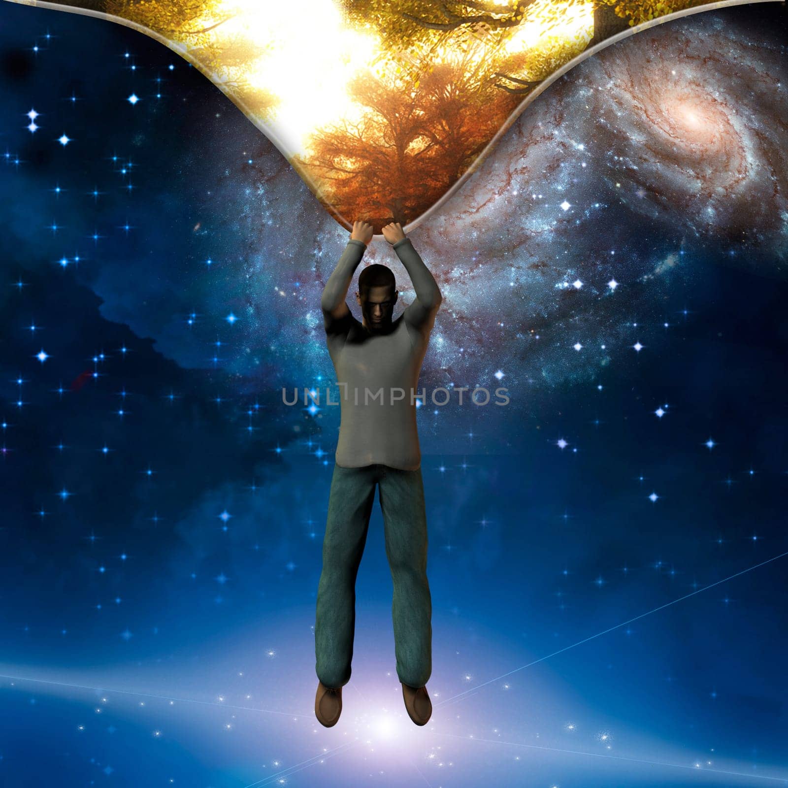 Surreal painting. Man rips out dimension.