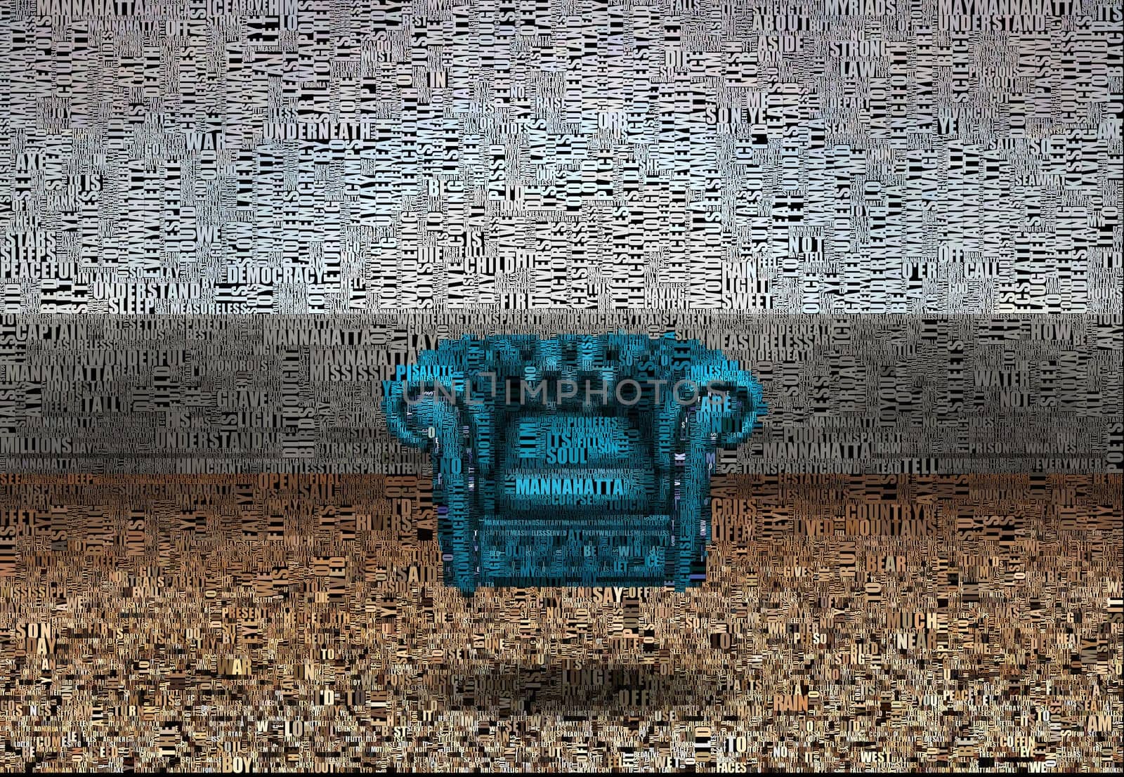 Abstract painting. Coach under water. Image composed entirely of words, text