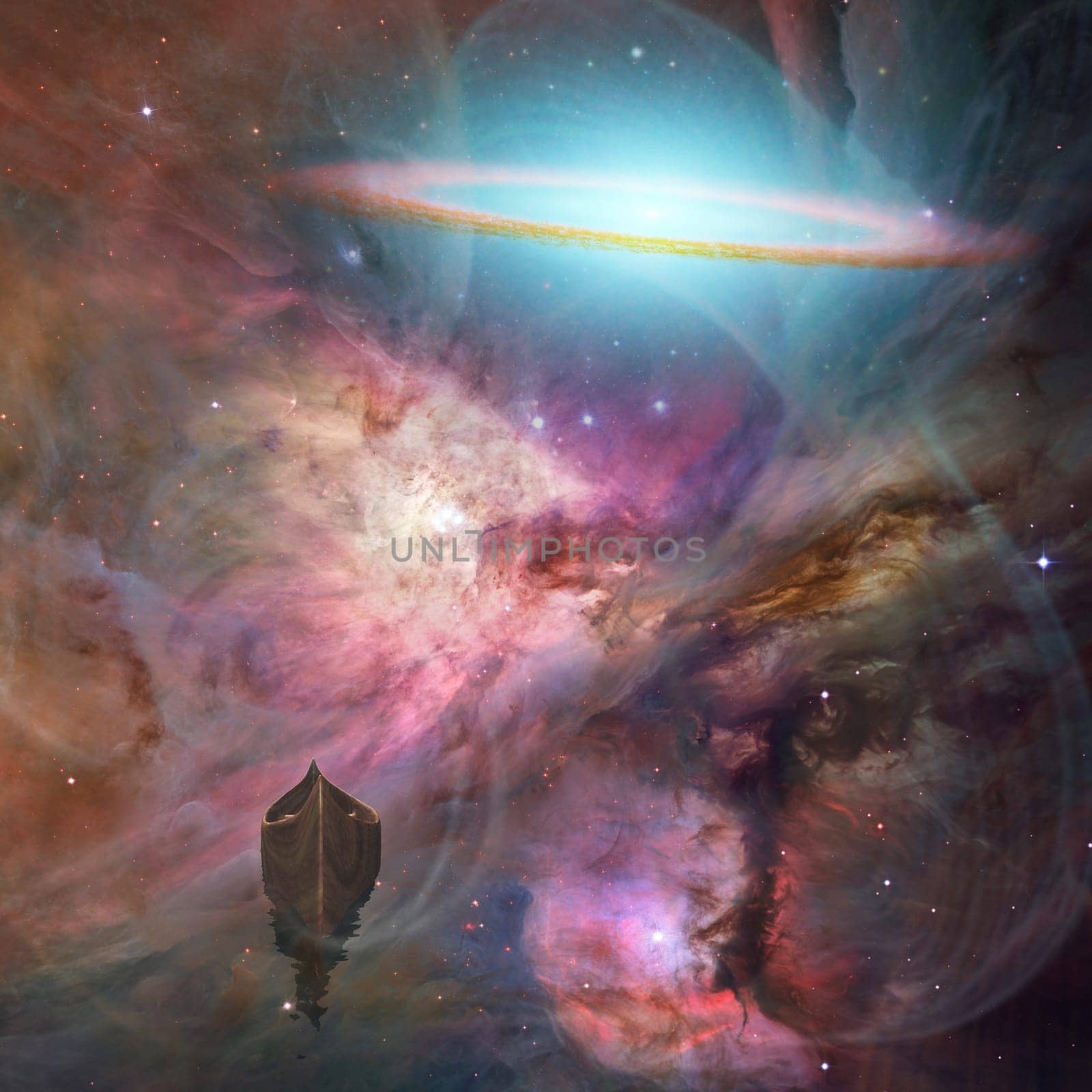 Space background with boat. Galaxy disk in vivid universe
