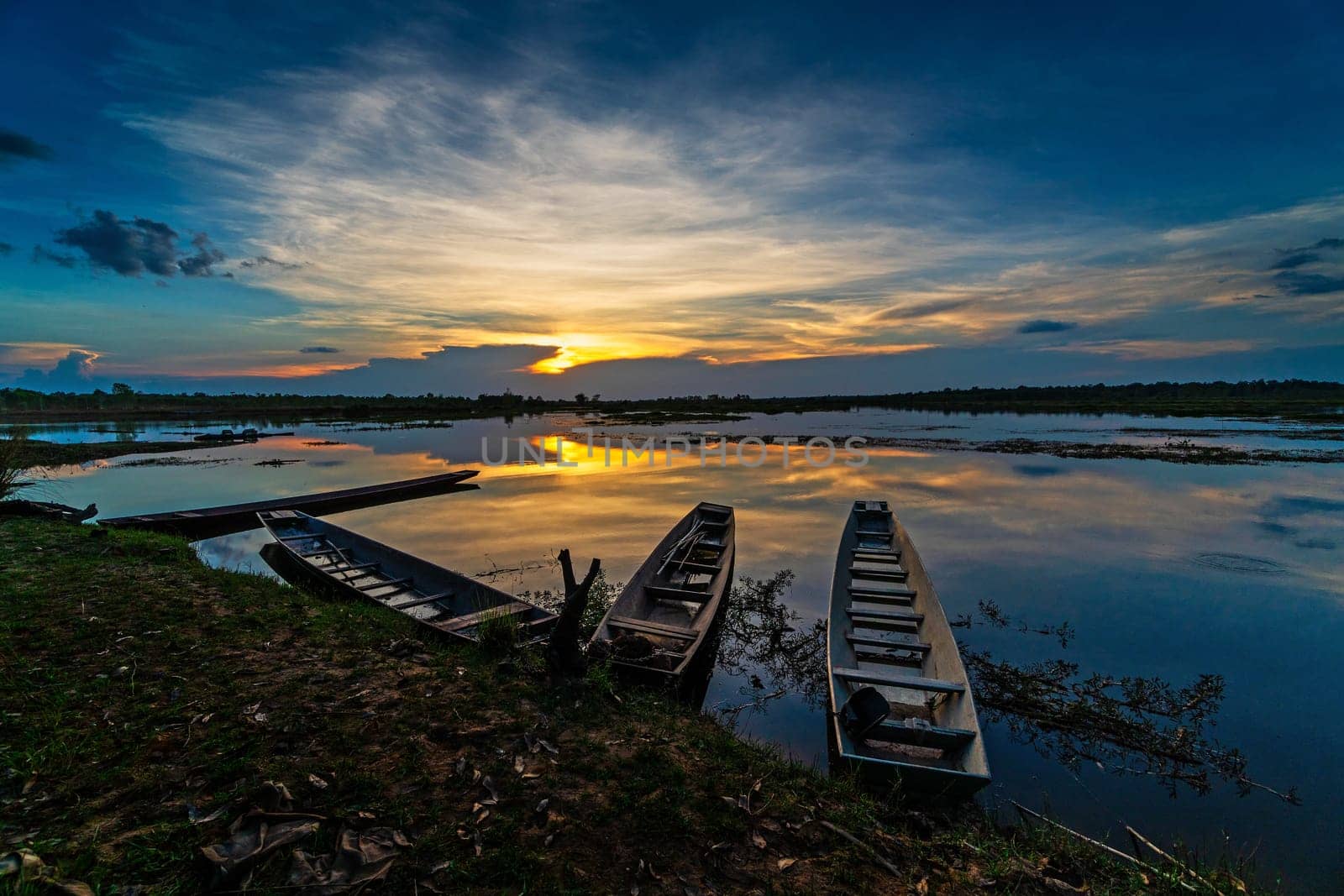 Idyllic Lake With Reflection, landscape with fishing boats