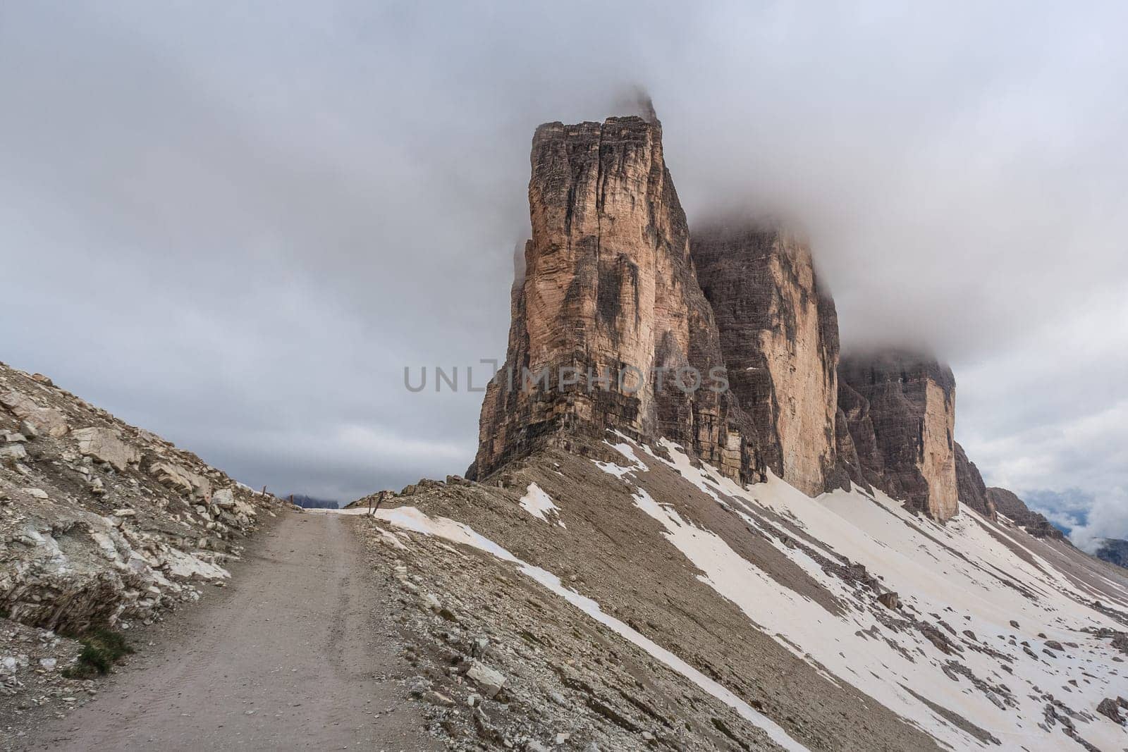 Tre cime di Lavaredo at sunset, Dolomite Alps, Italy
