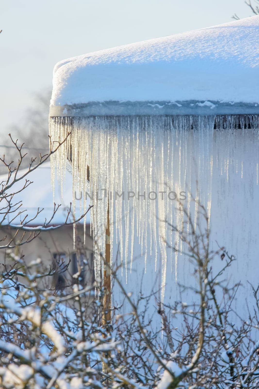 The roof of a house covered with snow and icicles. Icicles hanging from roof. Winter in Latvia. White snow on the roof and icicles hanging from a slate roof.