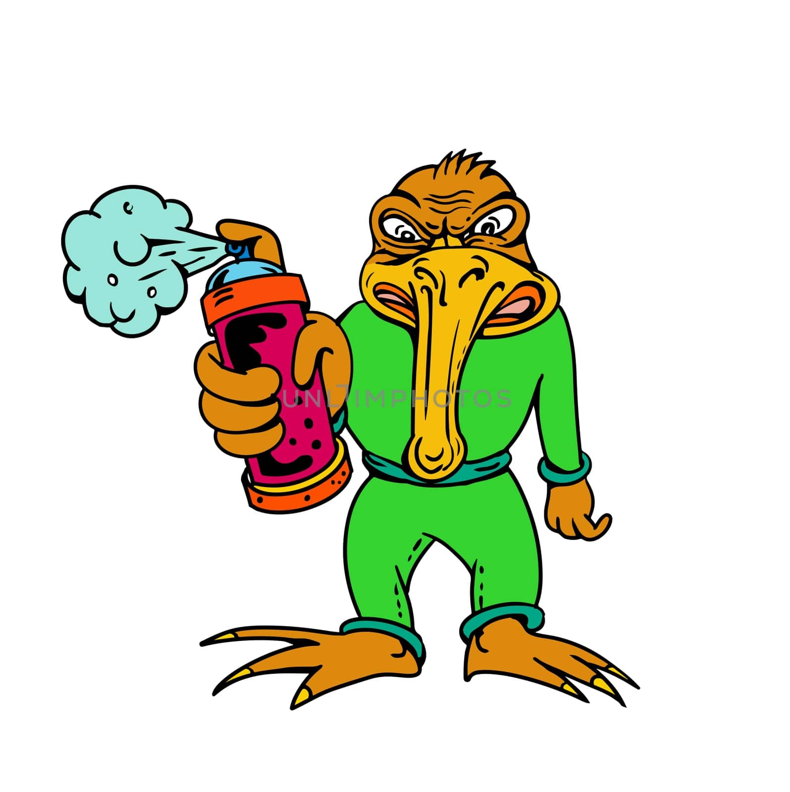 Cartoon style illustration of a kiwi bird graffiti artist spray painting and pointing a paint spray can viewed from front on isolated background in color.