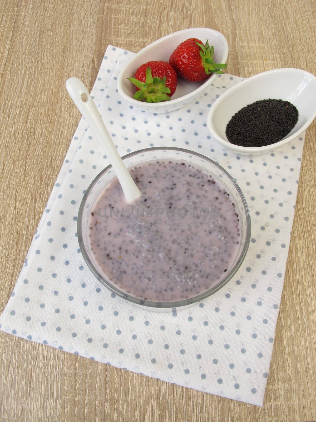 Strawberry dessert with basil seeds