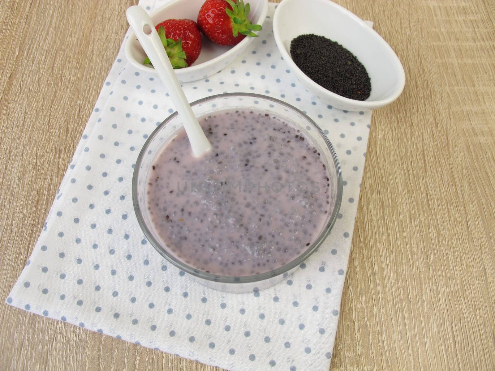 Strawberry dessert with basil seeds