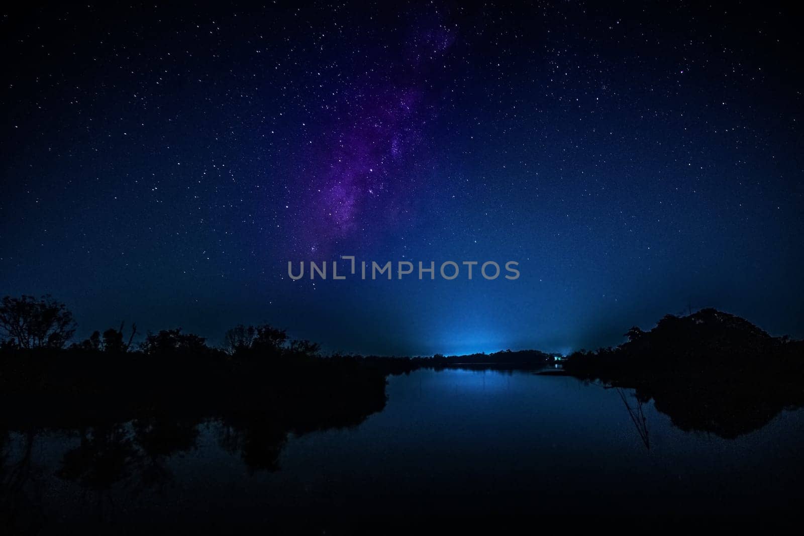 Landscape Night Milky Way, lake with blue sky and stars