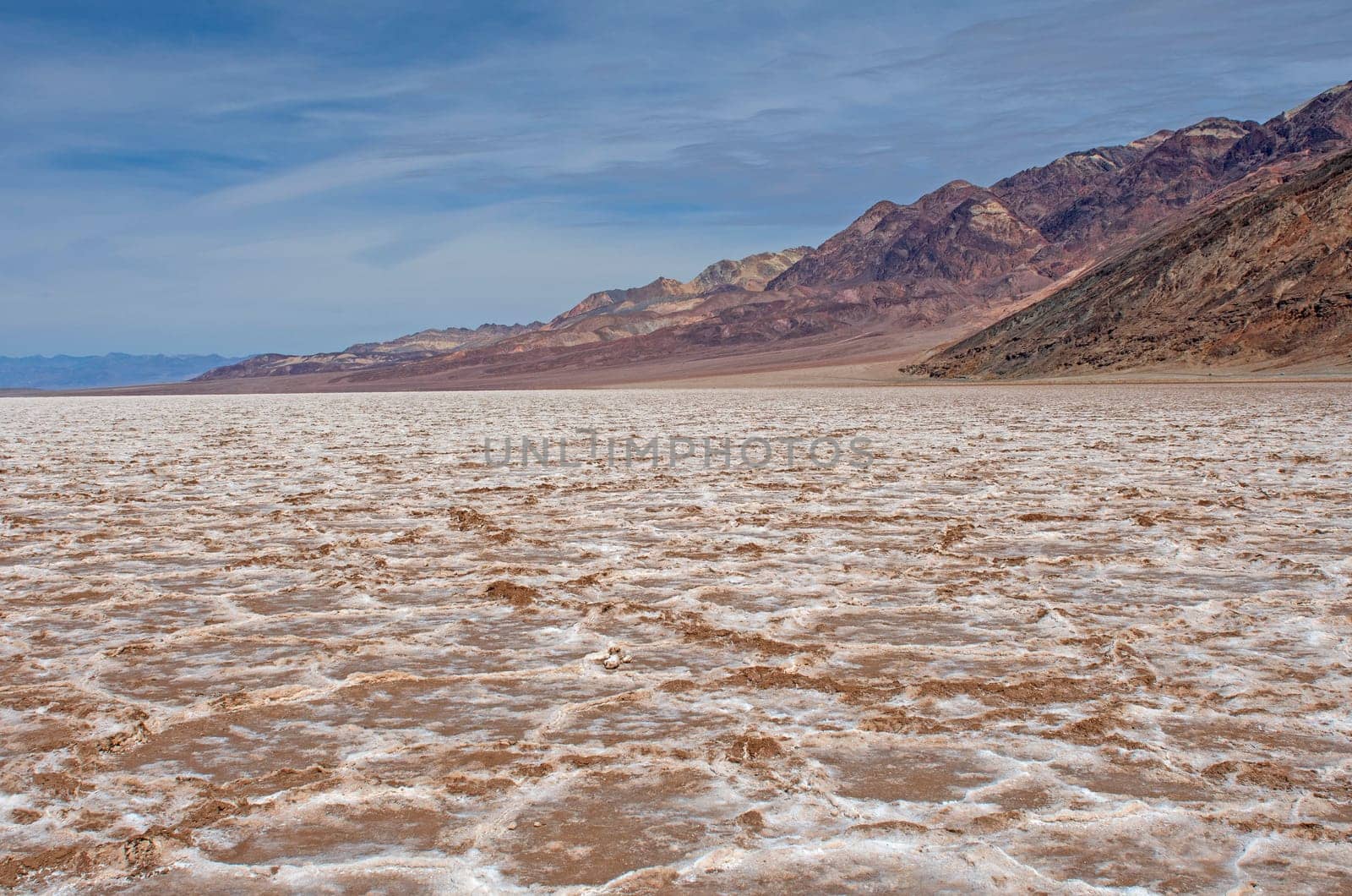 Salt Flats in a Desert Basin in Badwater Basin in Death Valley National Park in California