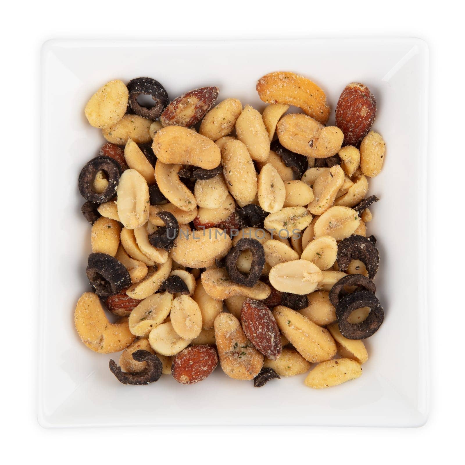 Mediterranean Nut mix with Olives in a bowl isolated on white background