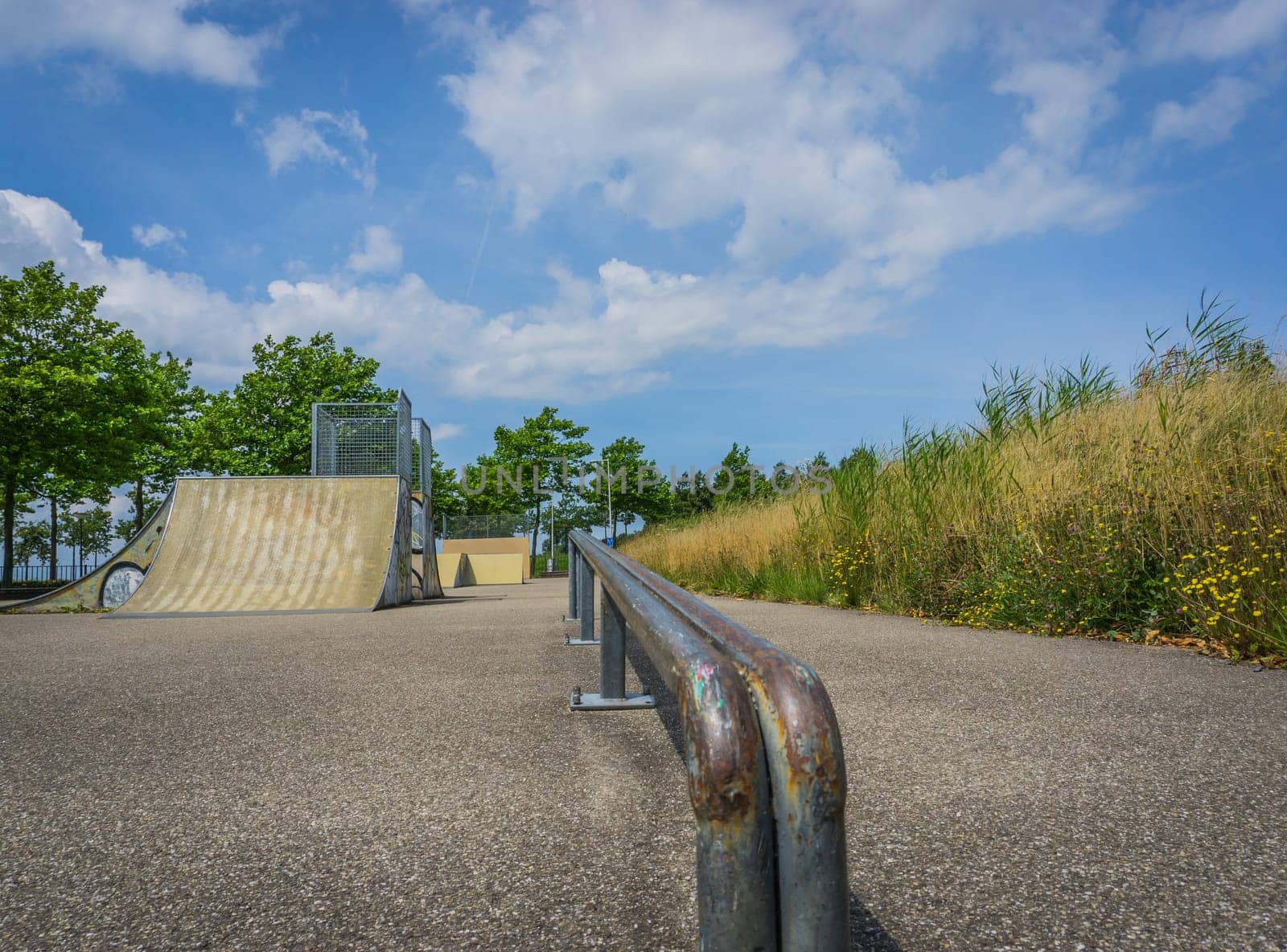 awesome grinding rail for skating in close up at the skate park