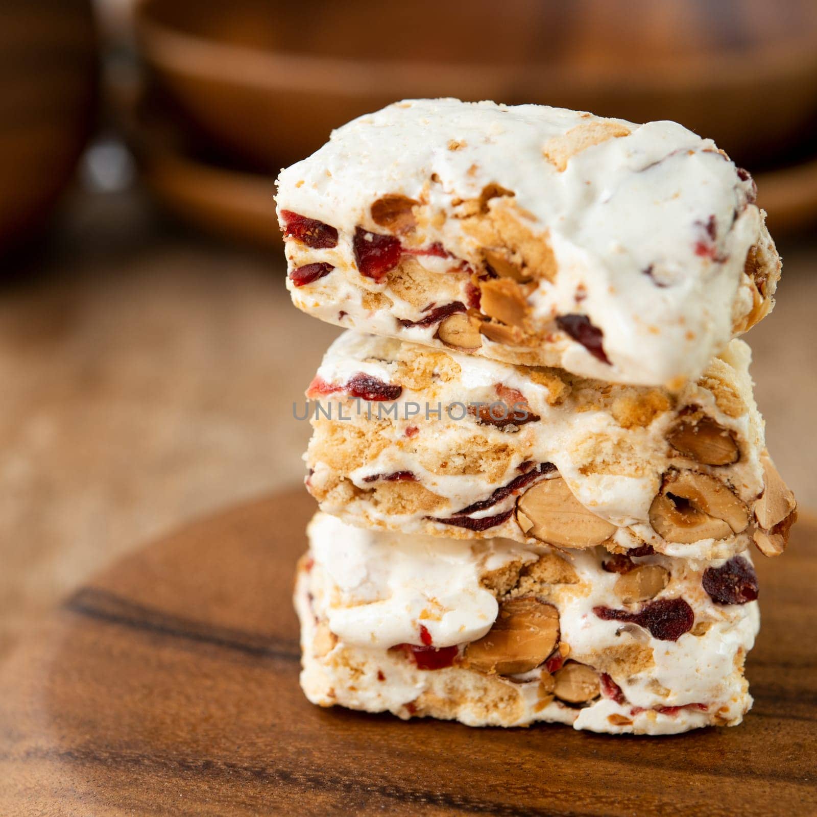 Homemade nougat bar with natural light.