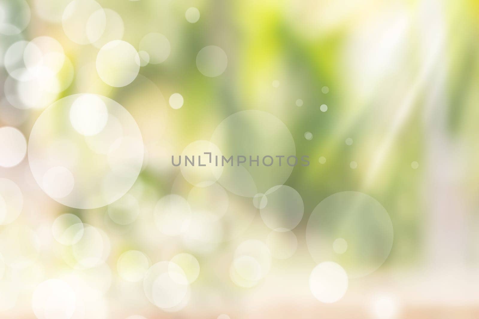 Abstract natural bokeh lights with shining sun rays. Beautiful light green background texture.