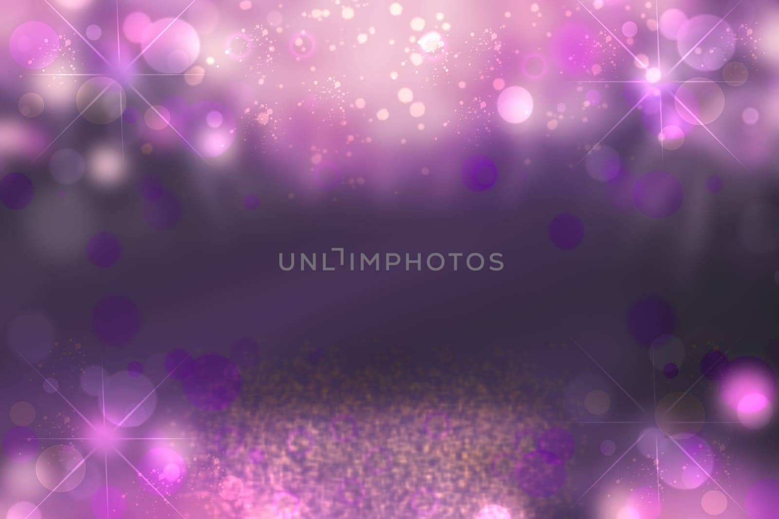 A festive purple abstract Happy New Year or Christmas texture background and with color blurred bokeh lights, stars and particle. Space for design. Card concept or advertising.