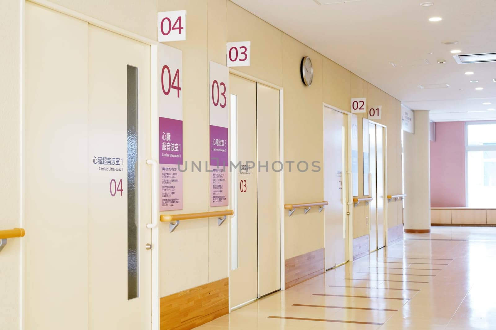 KAGAWA, JAPAN - DECEMBER 21, 2018: Hospital consultation room door with wall, medical and clinic of hospital interior, Mitoyo Hospital.