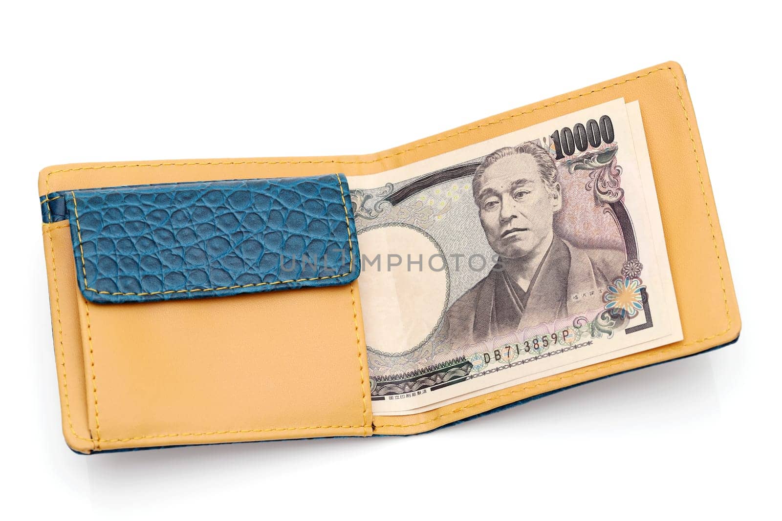Leather wallet and ten thousand japanese yen on white background