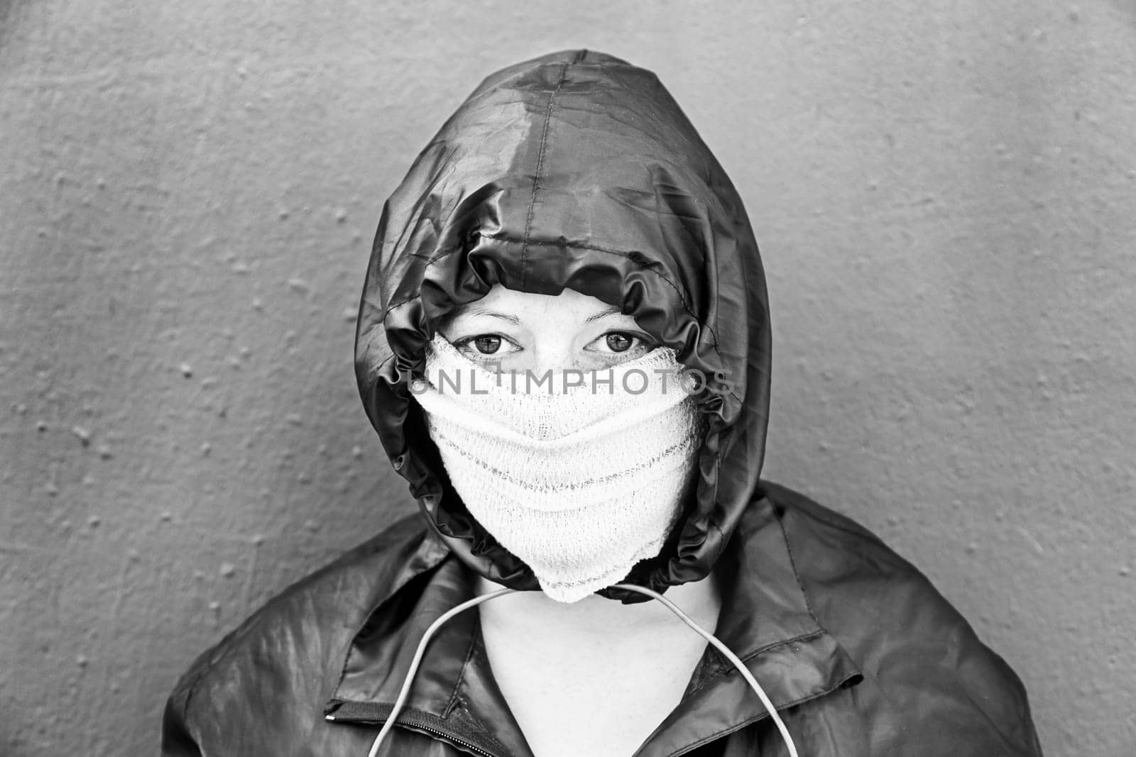 Aggressive hooded woman, violence and lifestyle