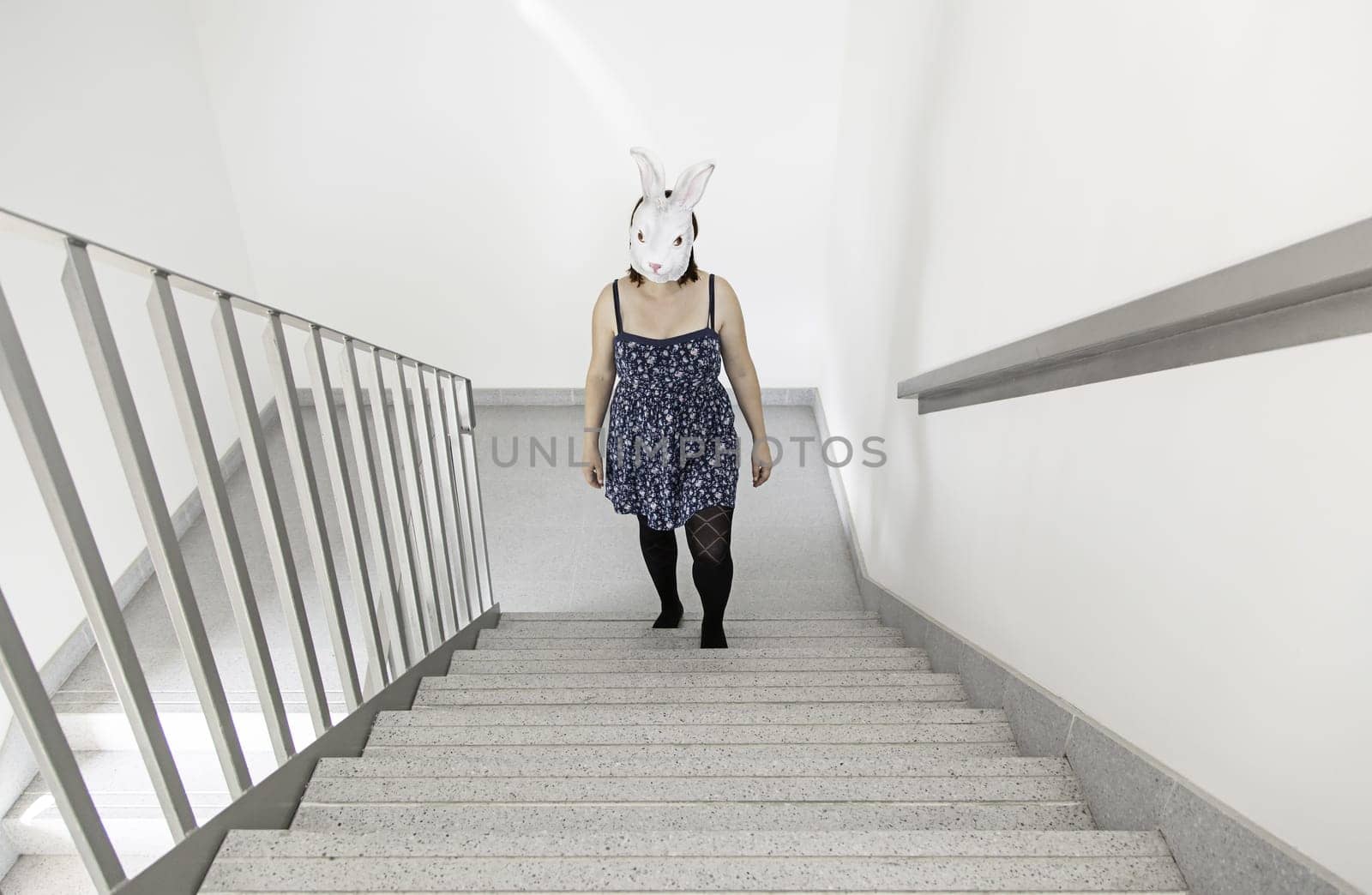 Girl climbing stairs hospital rabbit, halloween