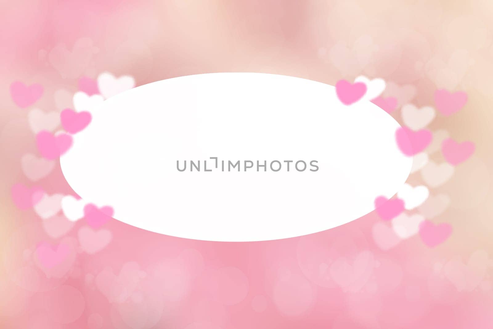 Abstract festive blur bright pink pastel background with a white frame and white pink hearts bokeh made for valentine or wedding card. Space for design. Card concept.