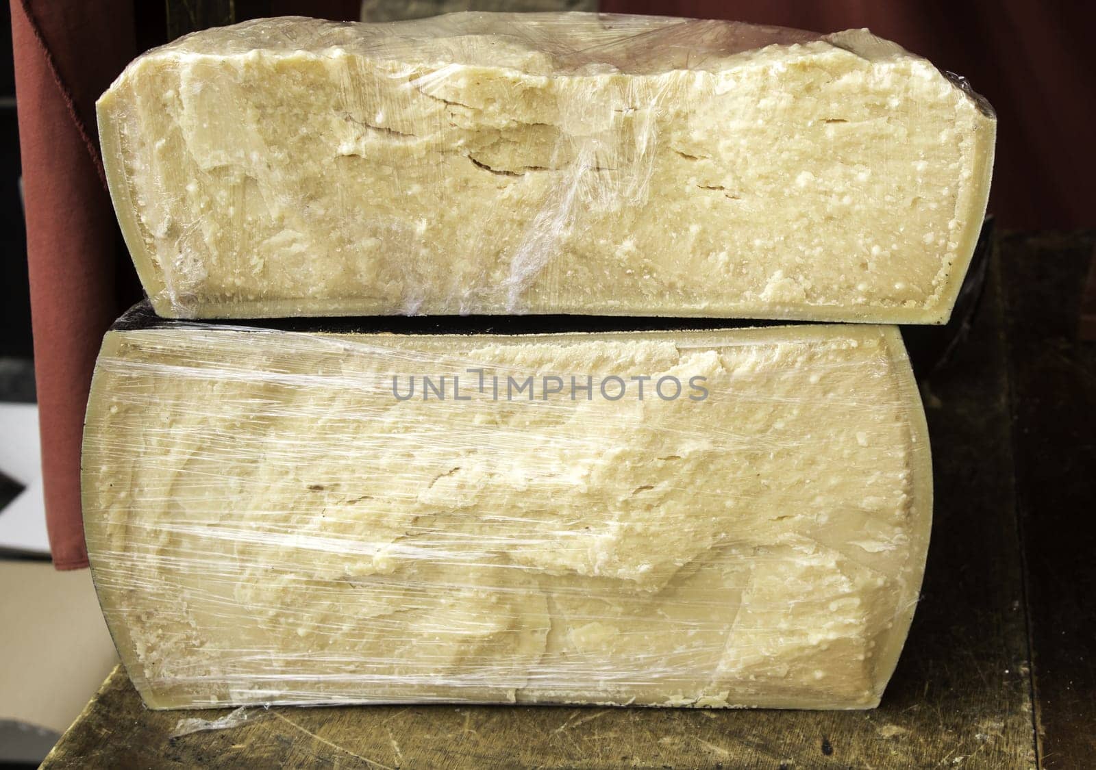 Sheep cured cheese in food market, handmade food