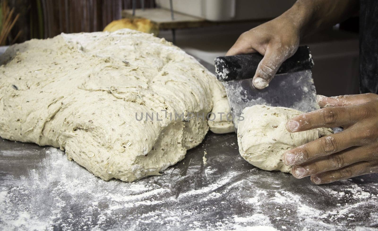 Man kneading bread in bakery, crafts and work