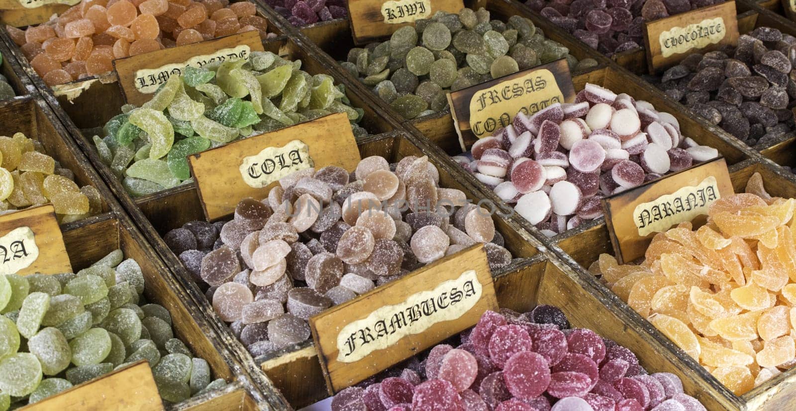 Sweet sugary fruits in food market, insane food