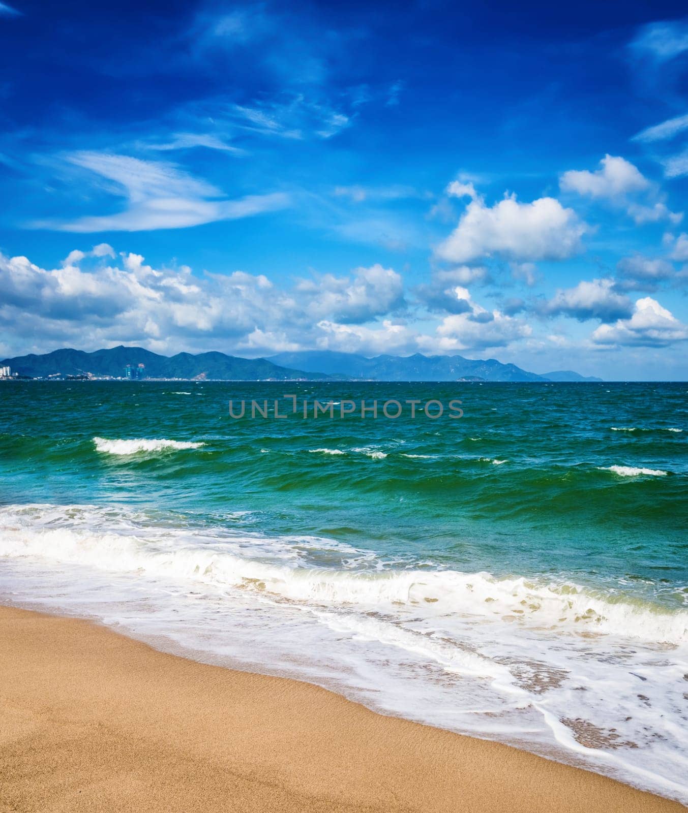 Scenic view of Nha Trang beach at sunny day. Beautiful tropical landscape