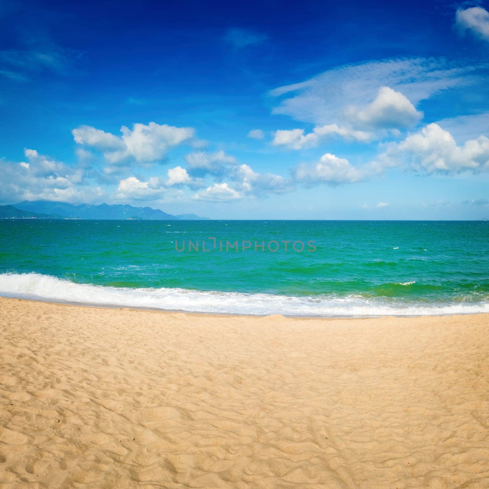 Scenic view of Nha Trang beach at sunny day. Beautiful tropical landscape