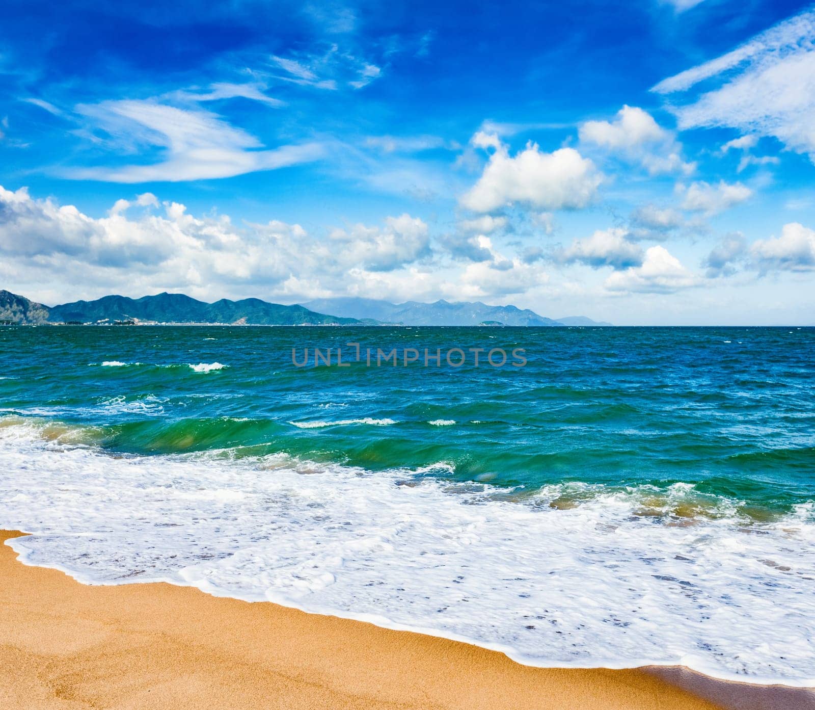 Scenic view of Nha Trang beach at sunny day. Beautiful tropical landscape