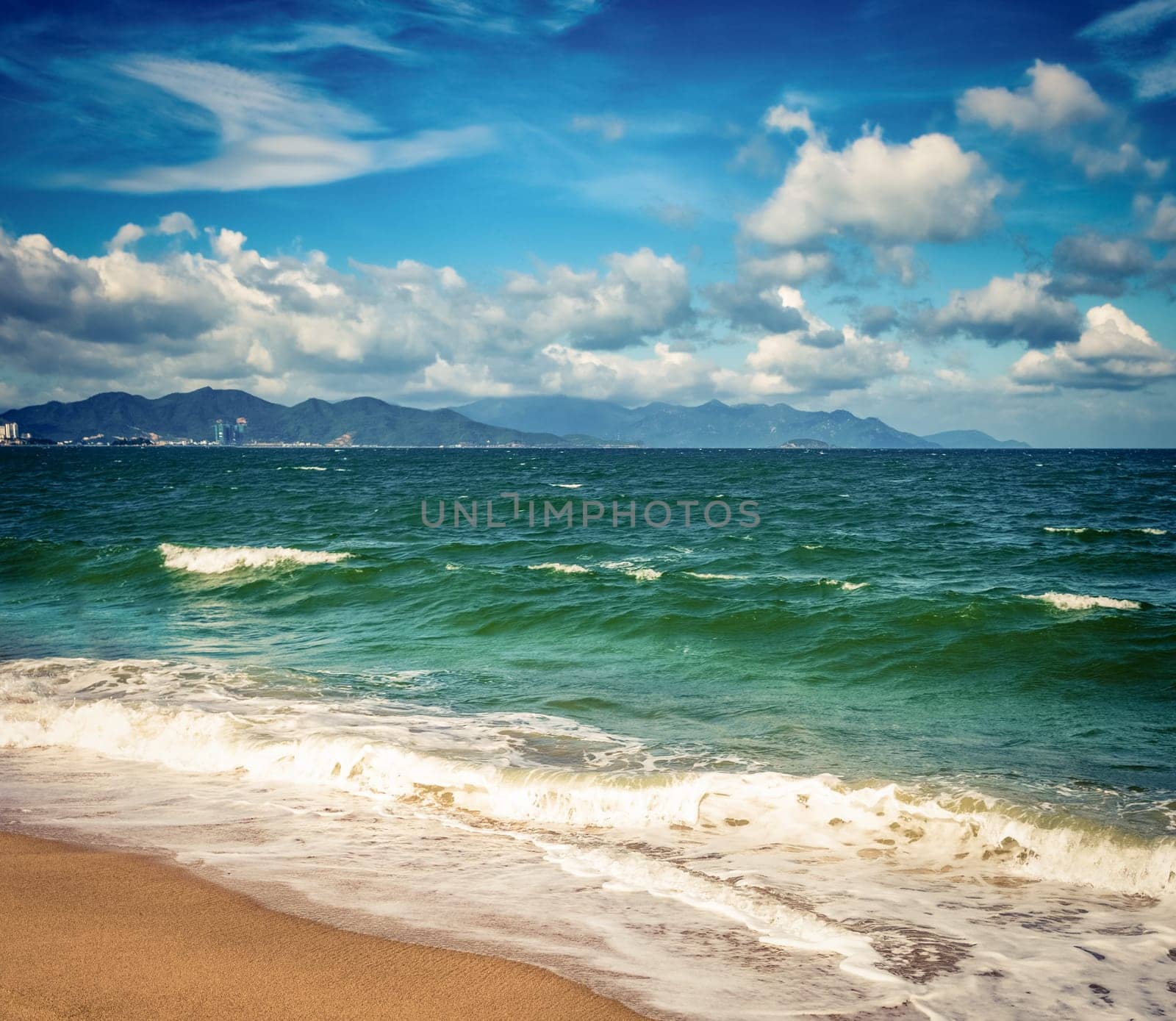 Scenic view of Nha Trang beach at sunny day. Beautiful tropical landscape