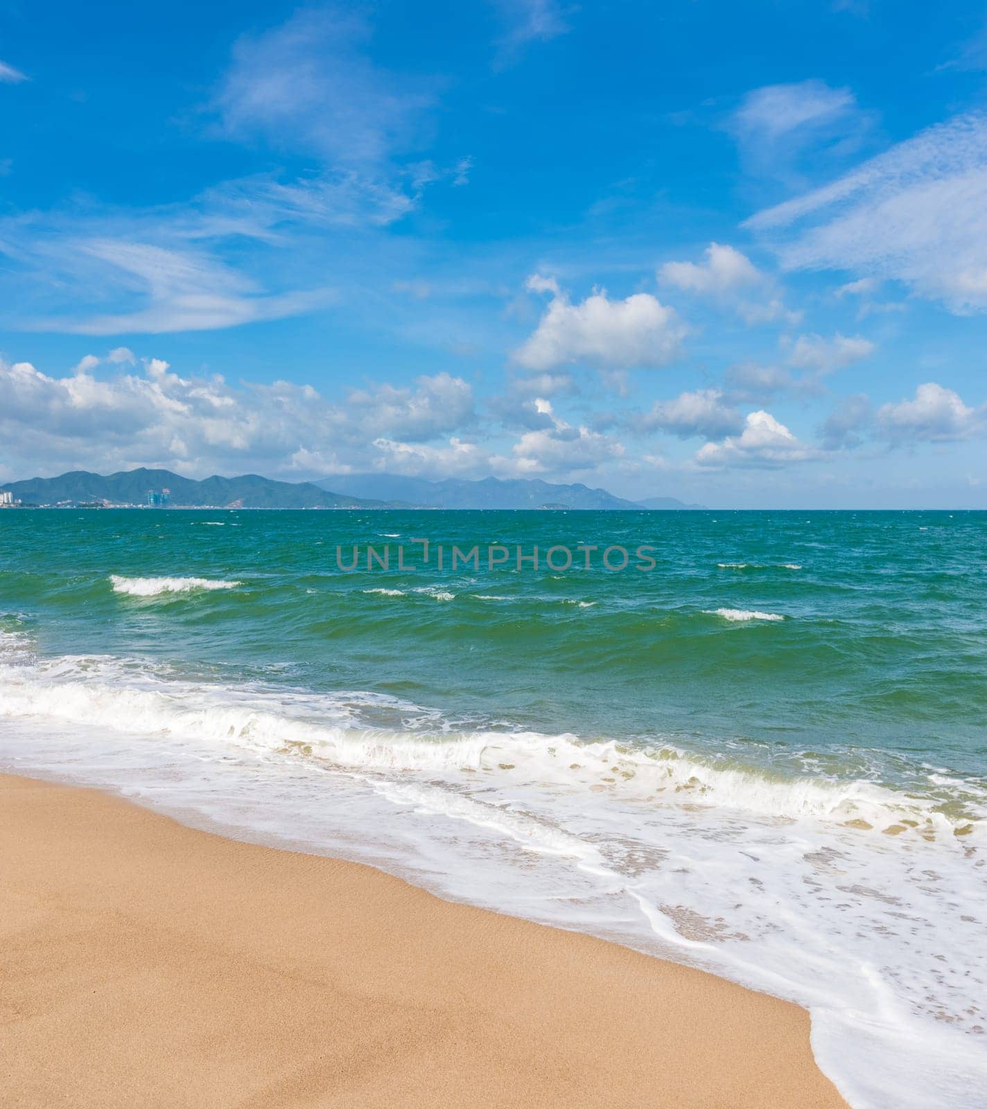 Scenic view of Nha Trang beach at sunny day. Beautiful tropical landscape
