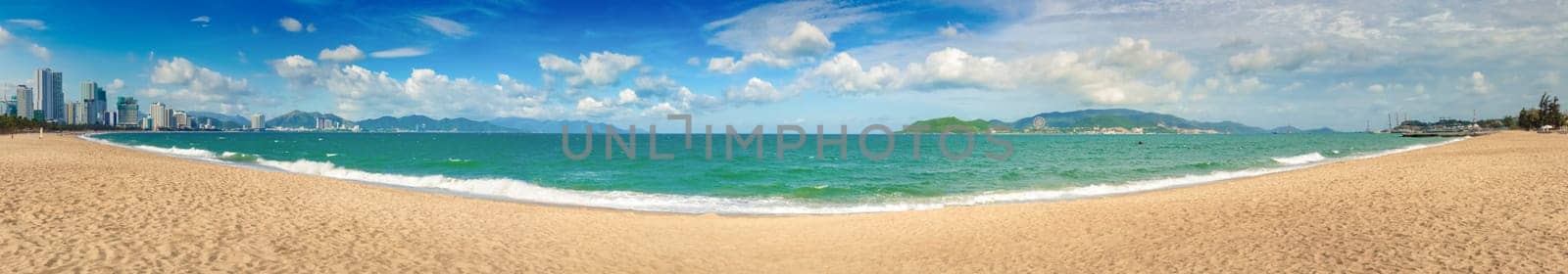 Scenic view of Nha Trang beach at sunny day. Beautiful tropical landscape. Panorama