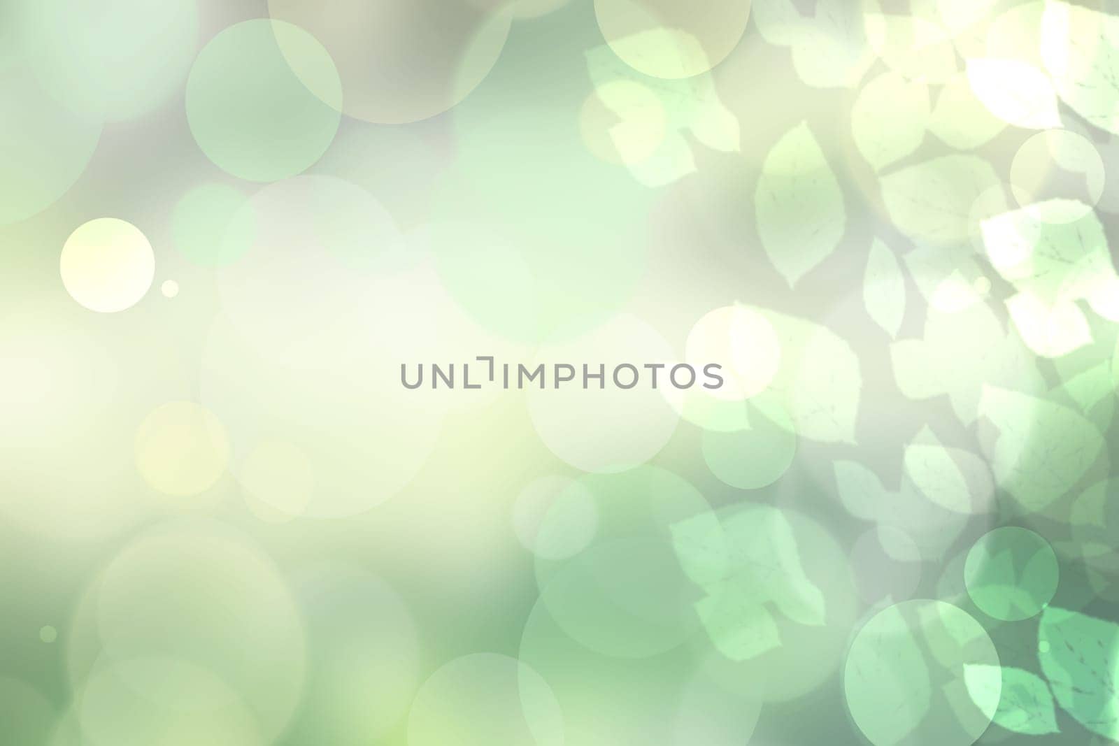 Sunny abstract bright green bokeh autumn background texture with leaves. Space for your design.