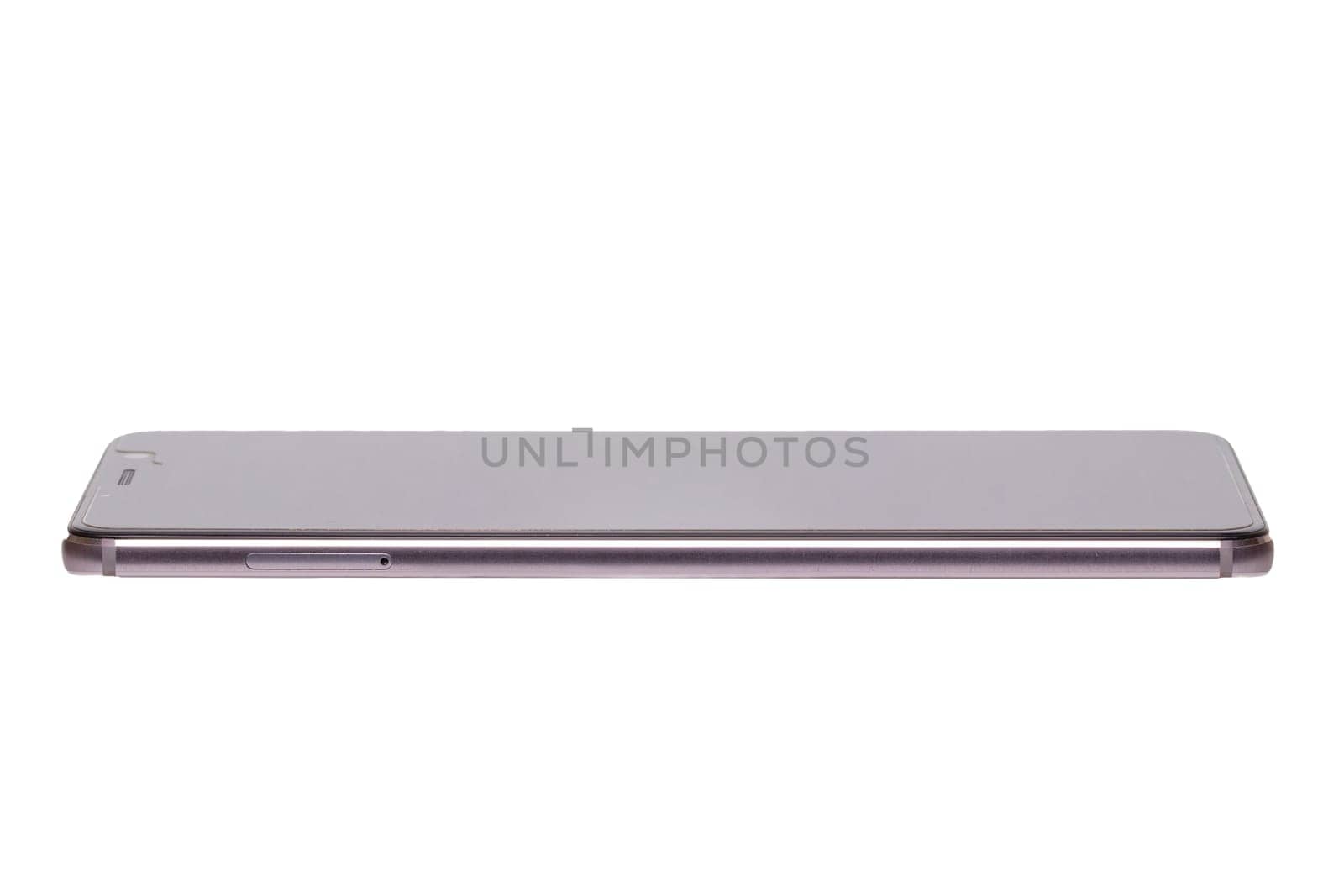 Smartphone technology background. Closeup of mobile smart phone with extra thin design isolated on a white background. Macro.