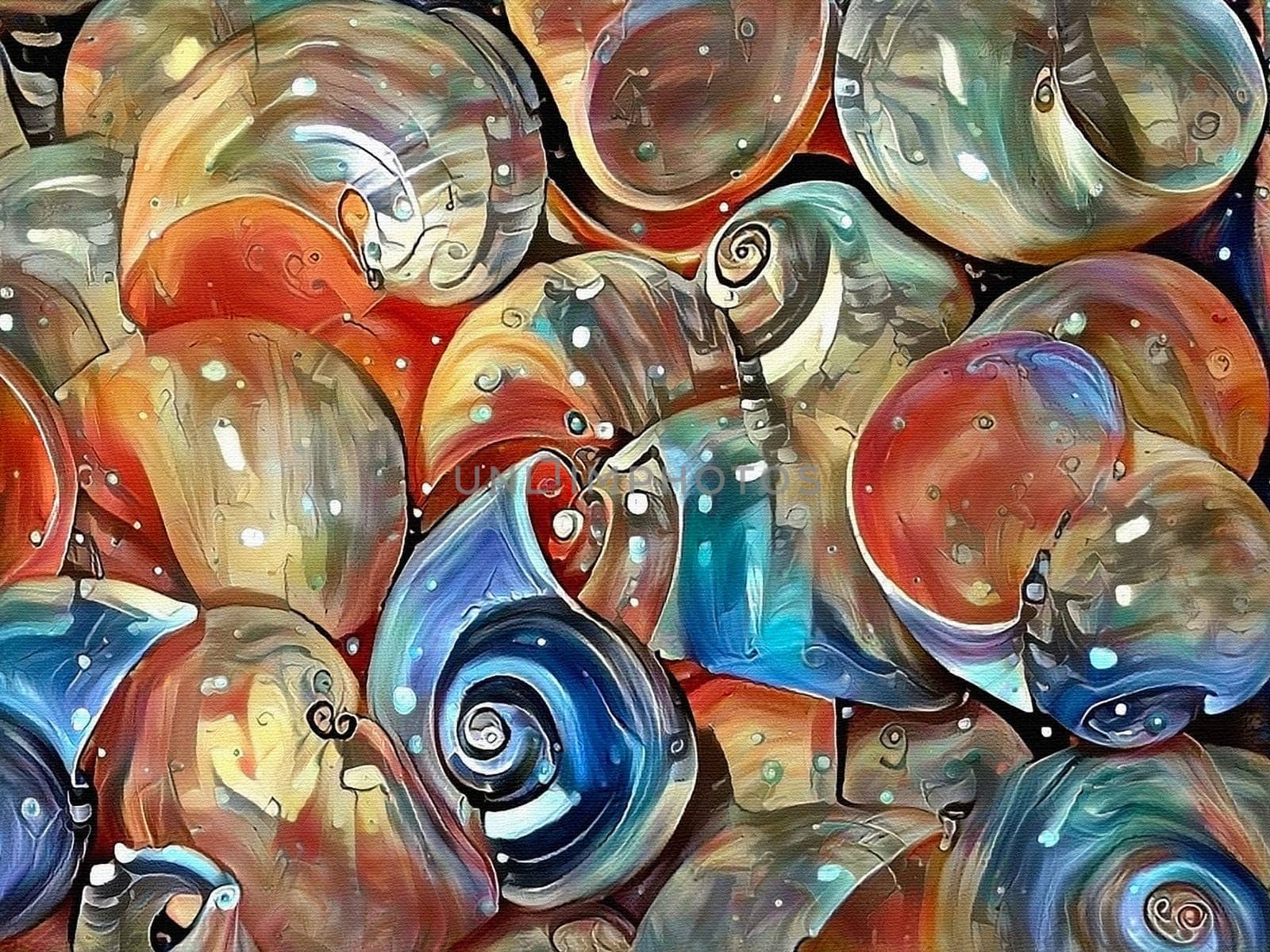 Colorful oil painting. Beautiful seashells