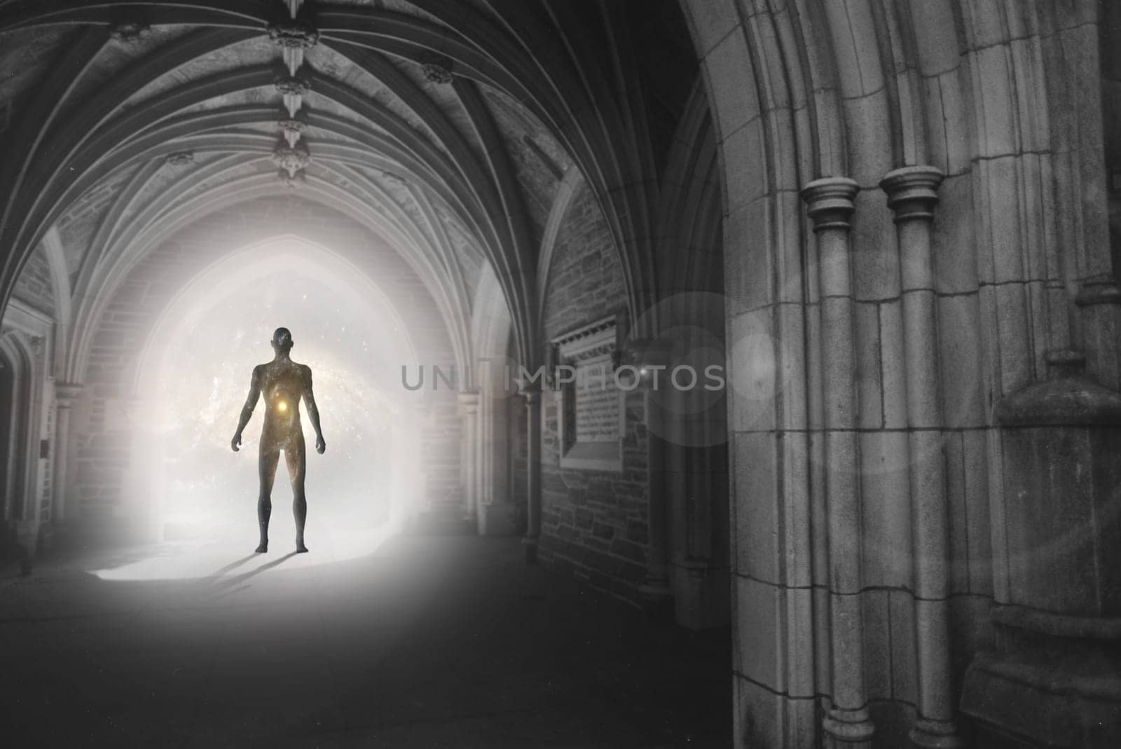 Human silhouette with universe inside stands in gothic archway with light illuminating the path. Messenger from other worlds
