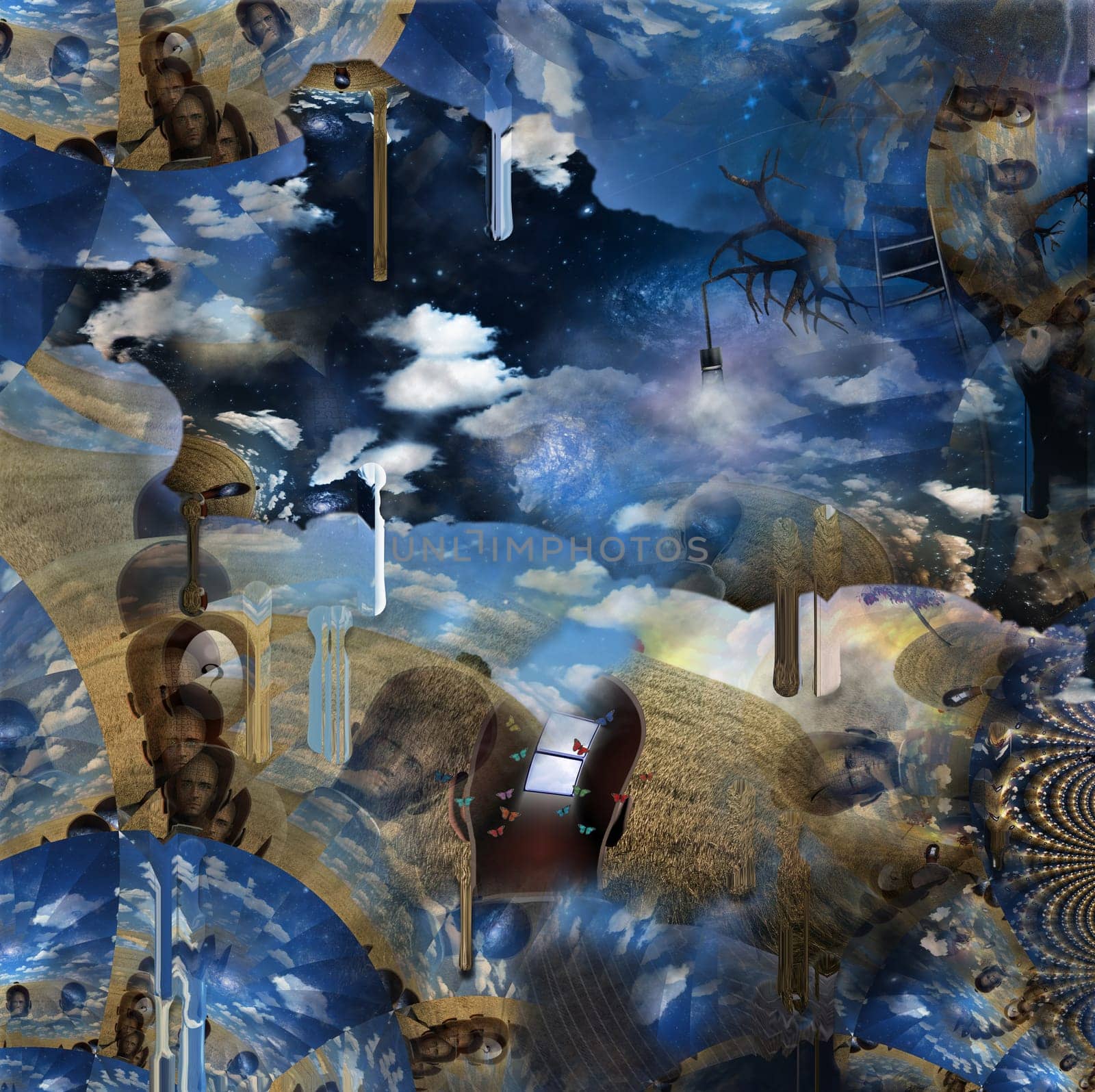Surreal composition. Thoughts, Questions and Ideas. 3D rendering