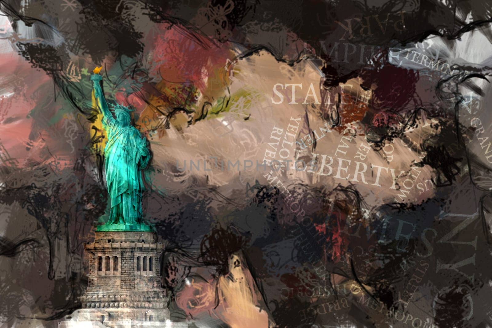 Abstract painting. Liberty statue. 3D rendering