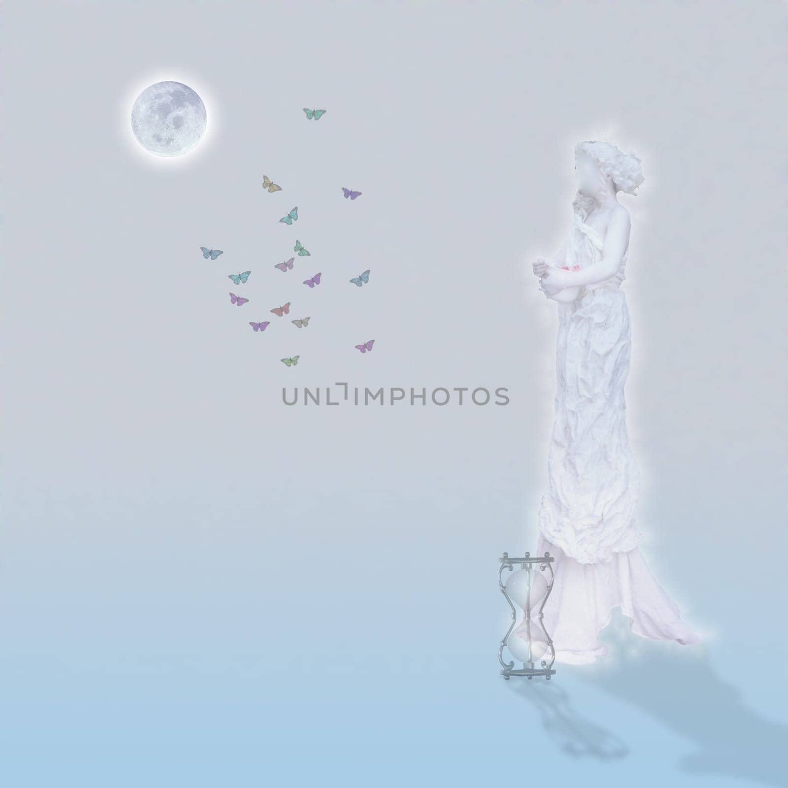 Woman`s marble statue and butterflies. Glowing moon and hourglass.