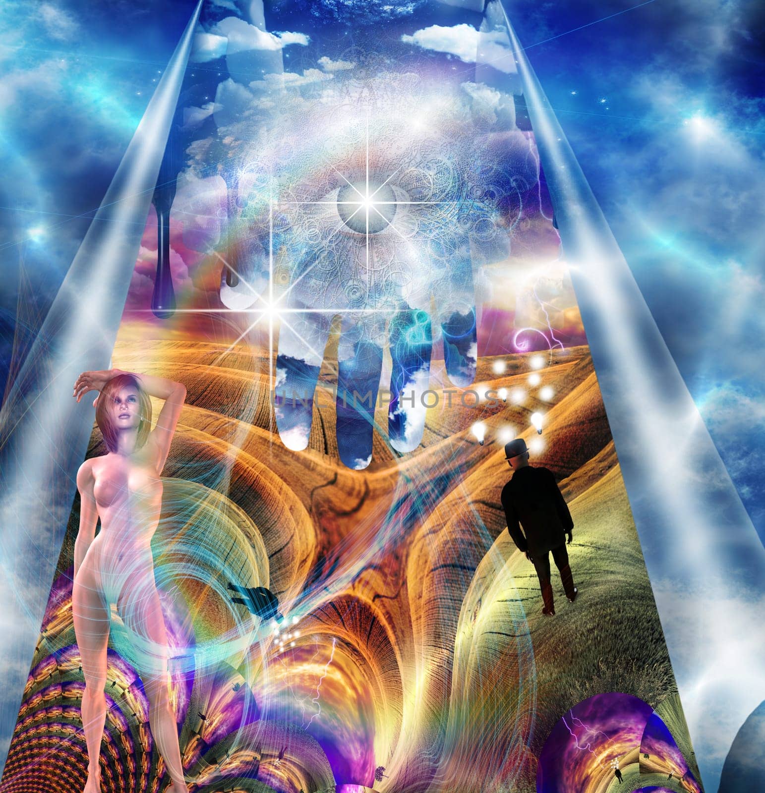 Complex surreal composition. Naked woman. Businessman with light bulbs around his head stands in the field. Eye of God. Fantasy Illusion