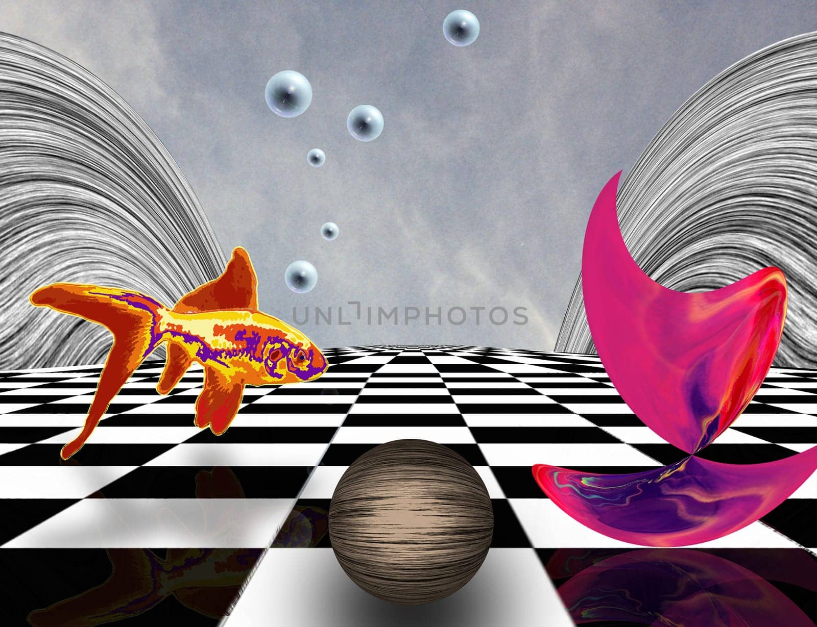 Surreal composition. Pink matter on chessboard, sphere and golden fish