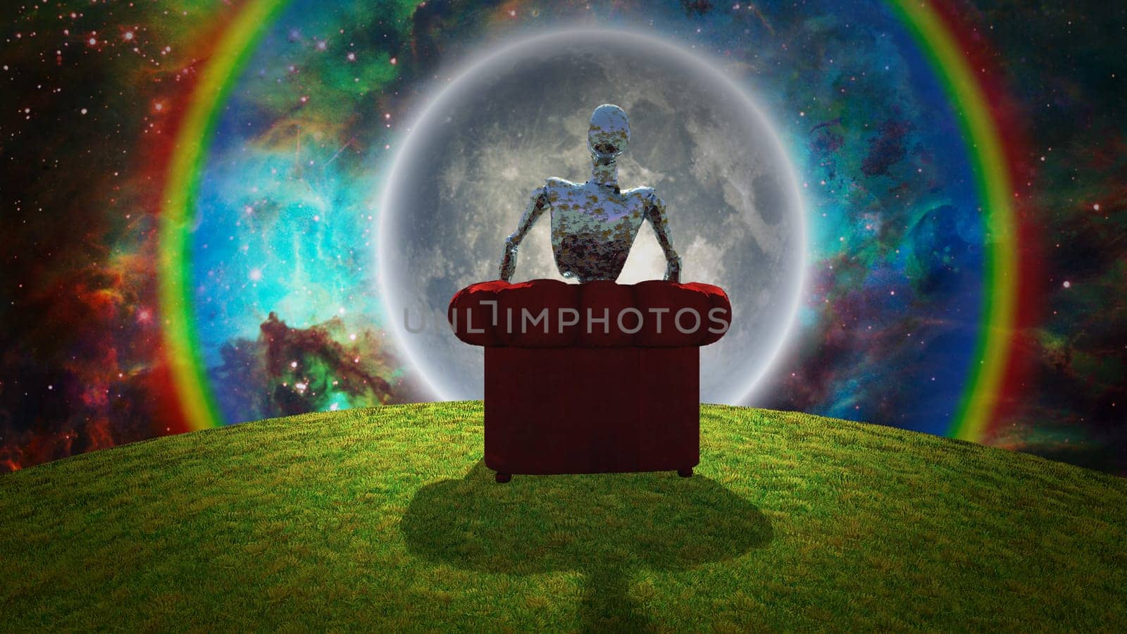 Surreal composition. Rusted alien sits in red armchair and observer bright moon in vivid universe. 3D rendering