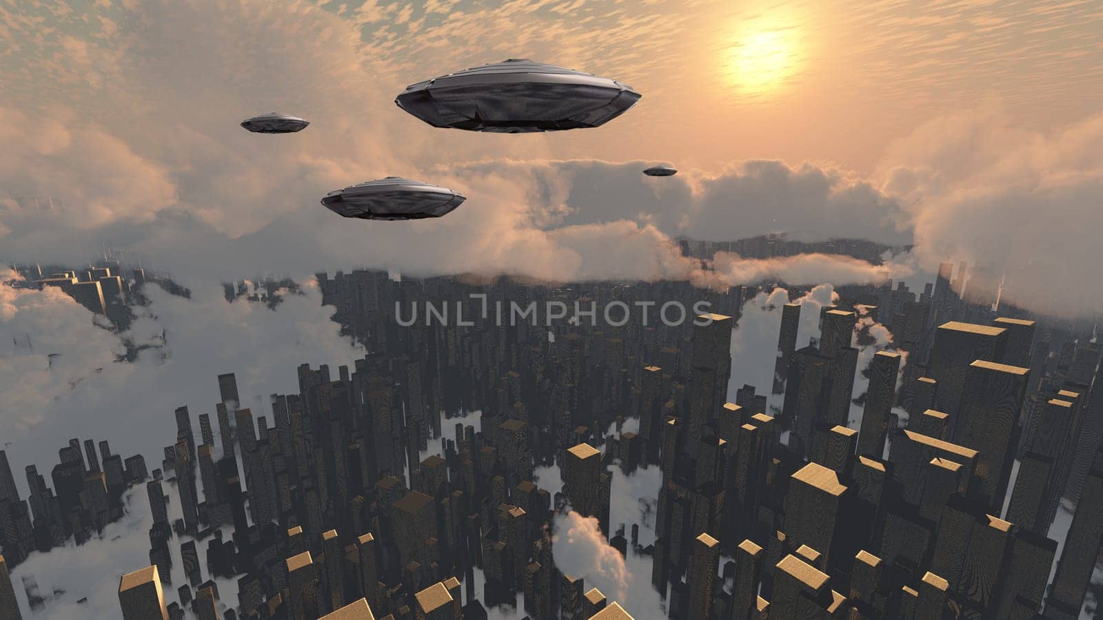 Flying saucers over futuristic megalopolis. Sunset