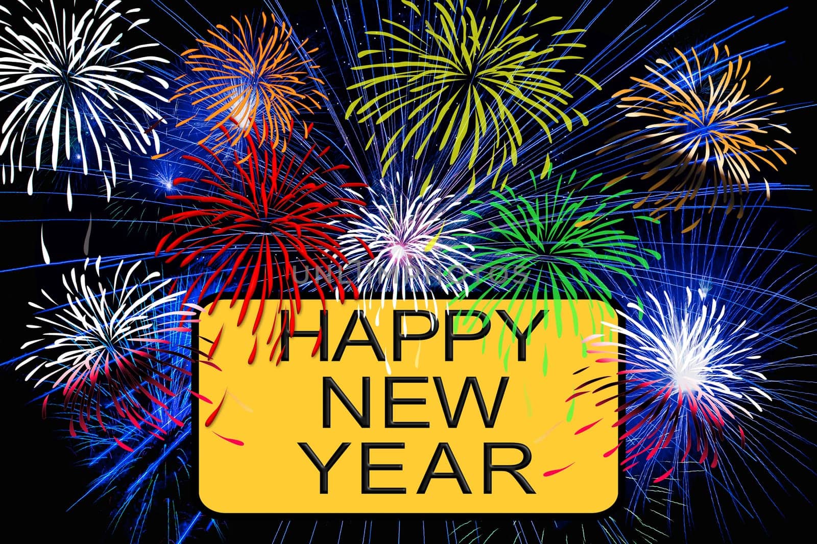 Happy new year text on yellow sign with fireworks in the night sky