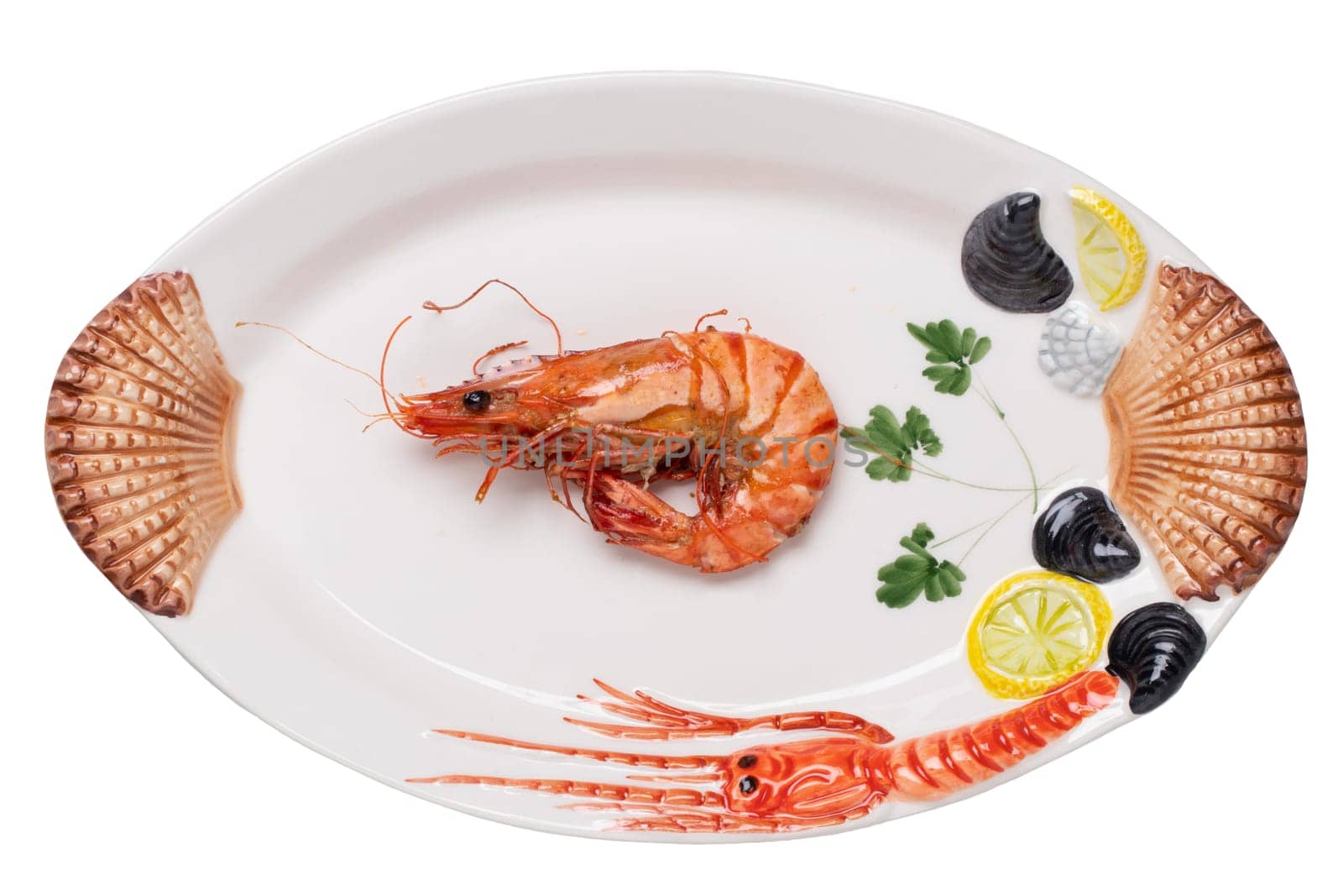 Seafood background. Closeup of one fresh grilled big prawn tiger or shrimps on a colorful seafood plate isolated on a white background. Concept healthy food. BBQ.