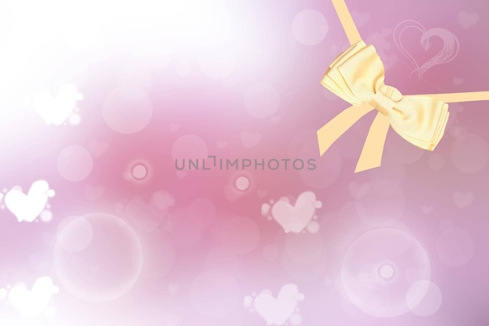 Abstract valentine background. Abtract festive blur bright pink background with golden ribbon and bow for valentine or wedding. Romantic textured backdrop with space for your design. Card concept.