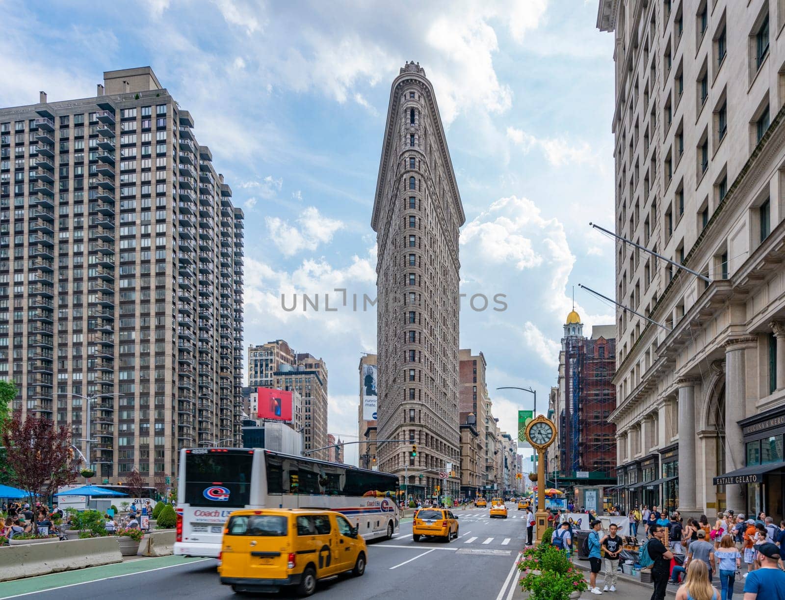 New York, USA - May 27, 2018: View of the Flatiron Building. It is an iconic building in Manhattan of New York City