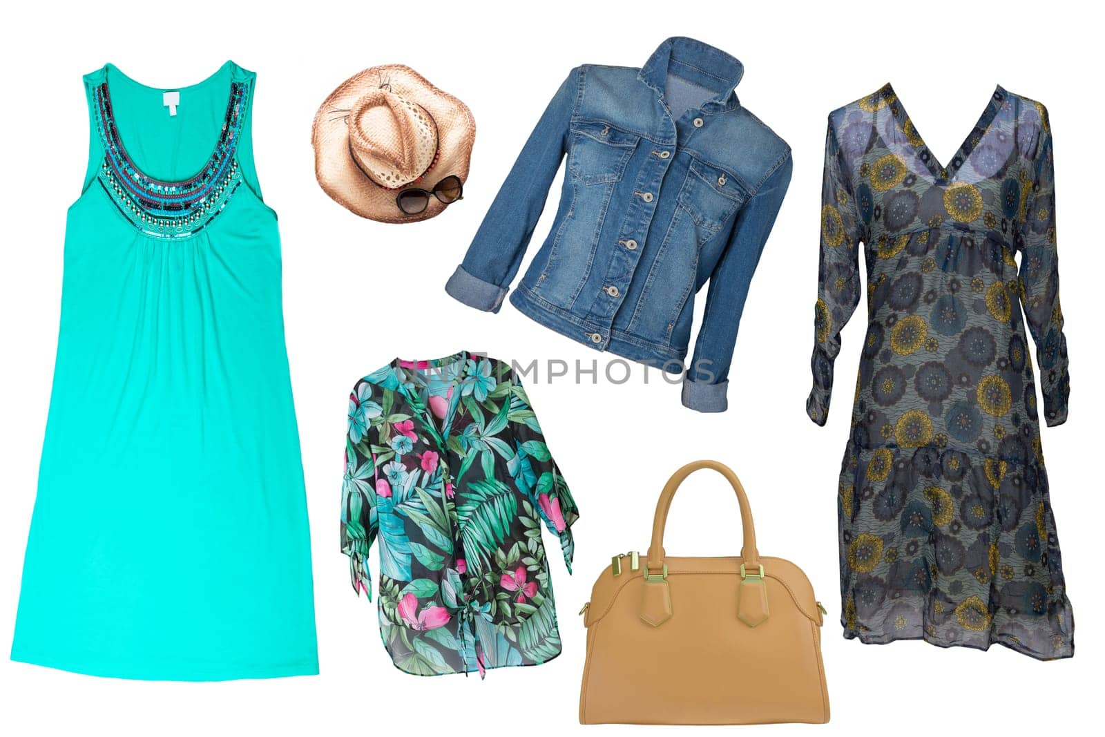 Collage woman clothes. Set of stylish and trendy women dresses, blouse and accessories isolated on a white background. Latest fashion trends.