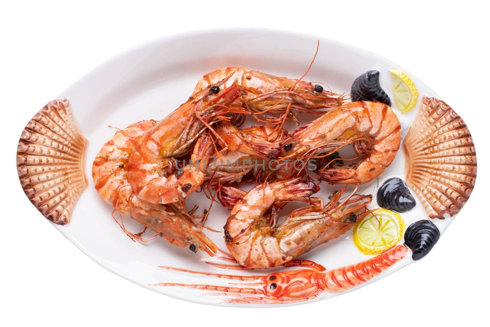 Seafood background. Closeup of fresh grilled big prawn tiger or shrimps on a colorful seafood plate isolated on a white background. Concept healthy food. BBQ.