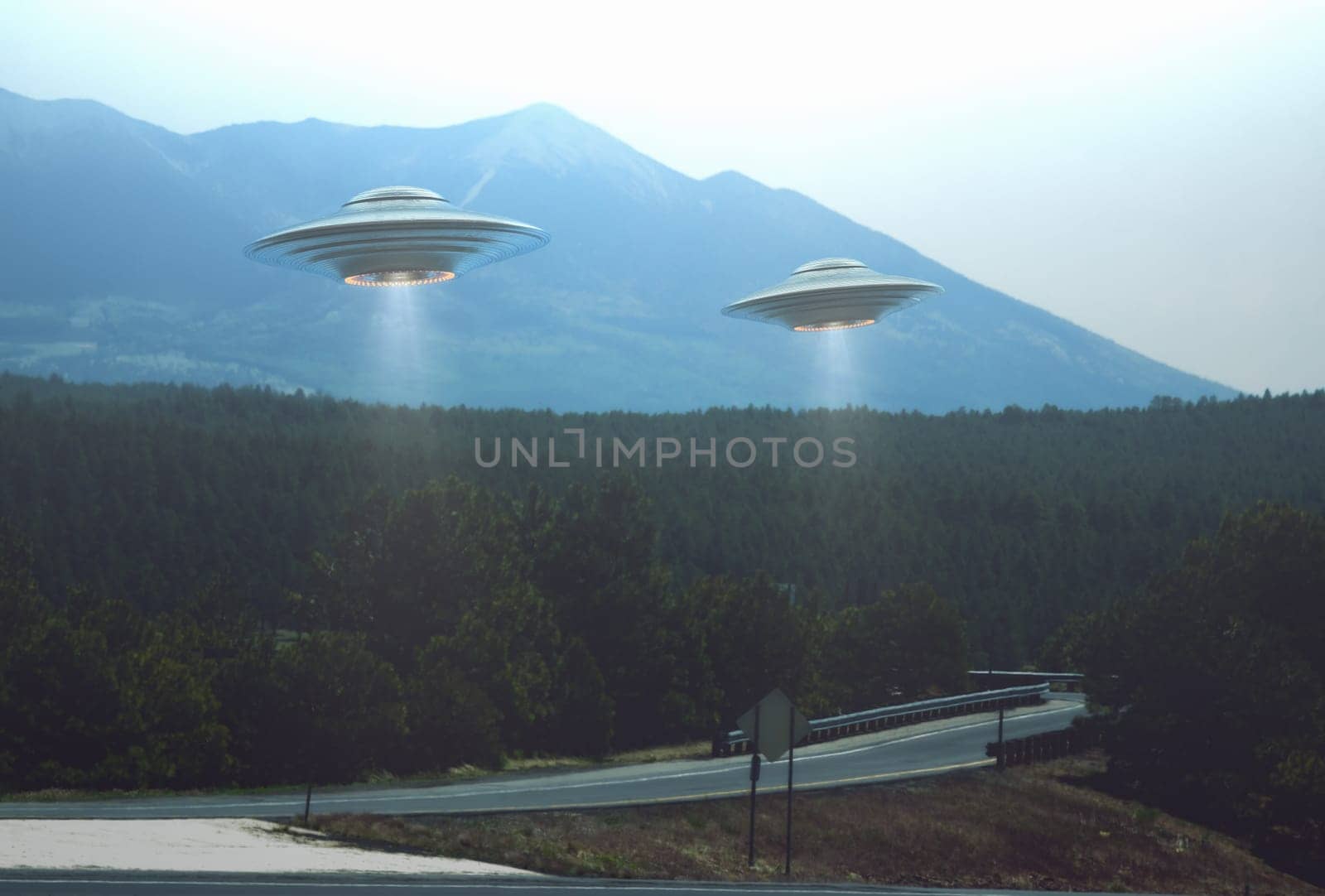 Unidentified flying object. Two UFOs flying over a road among the trees. 3D illustration.
