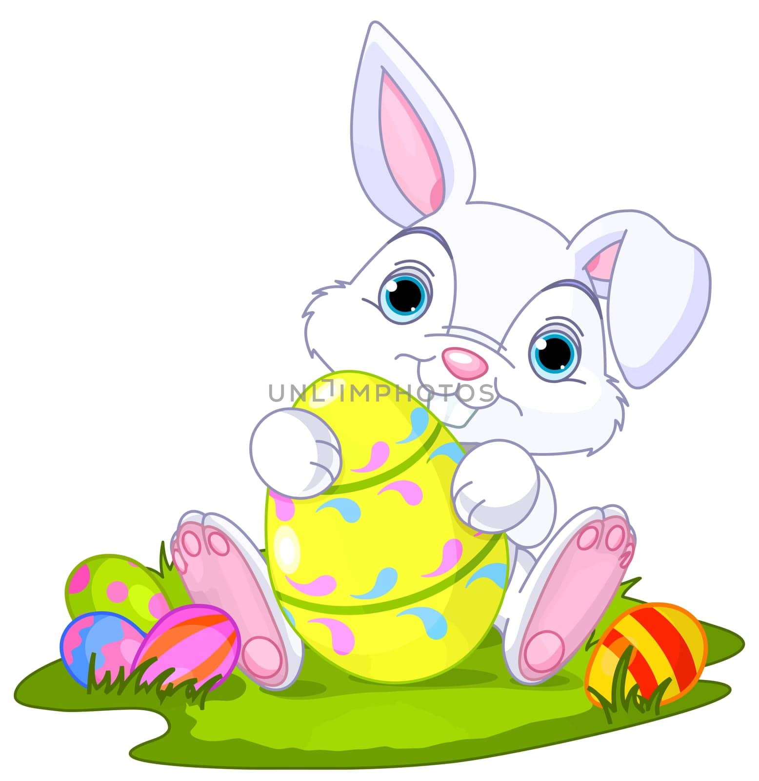 white easter bunny holding egg grass illustration