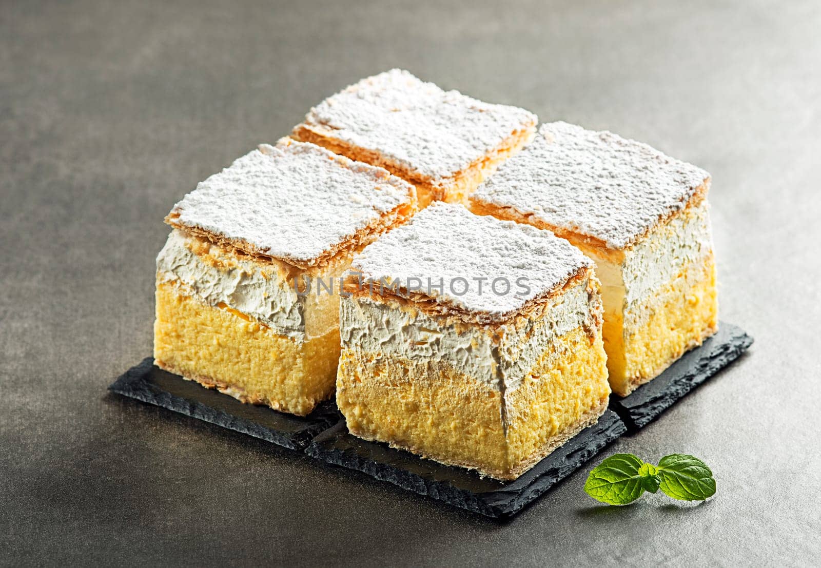 Traditional Slovenian dessert - slice of cream cake called Kremna Rezina or Kremsnita.Bled lake,Slovenia,Europe - Image